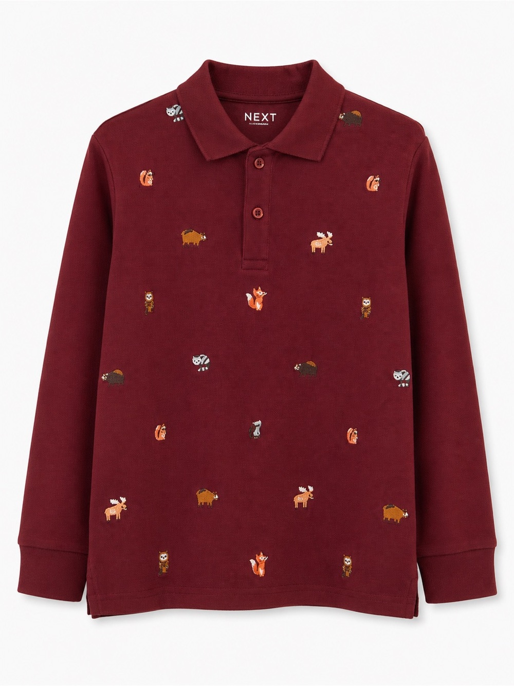 next Maroon Long-Sleeve Polo with Tiny Animal Embroidery